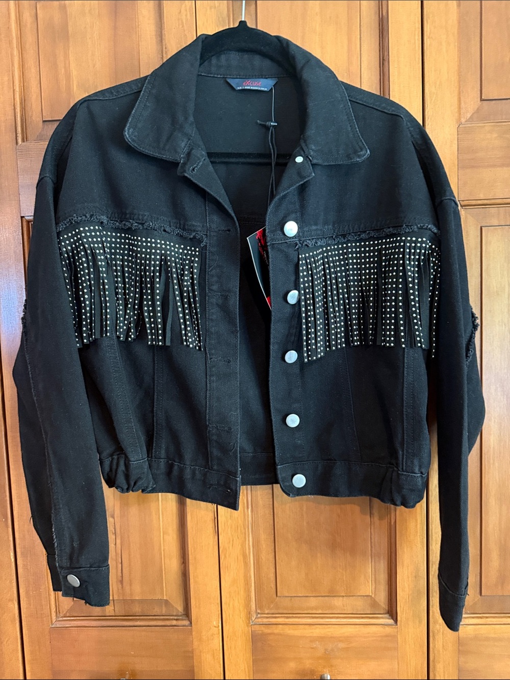 NWT Studded Fringe Black Denim Jacket